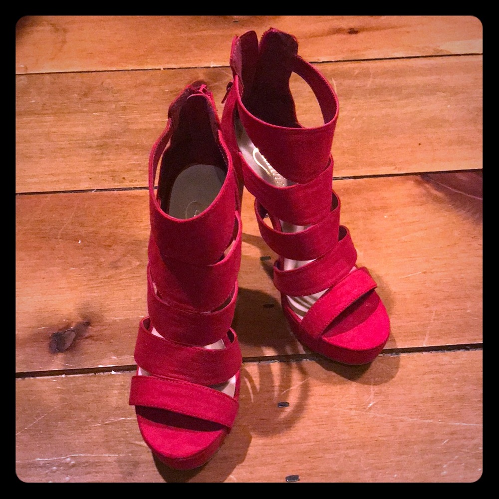 Red Strappy Suede Heels